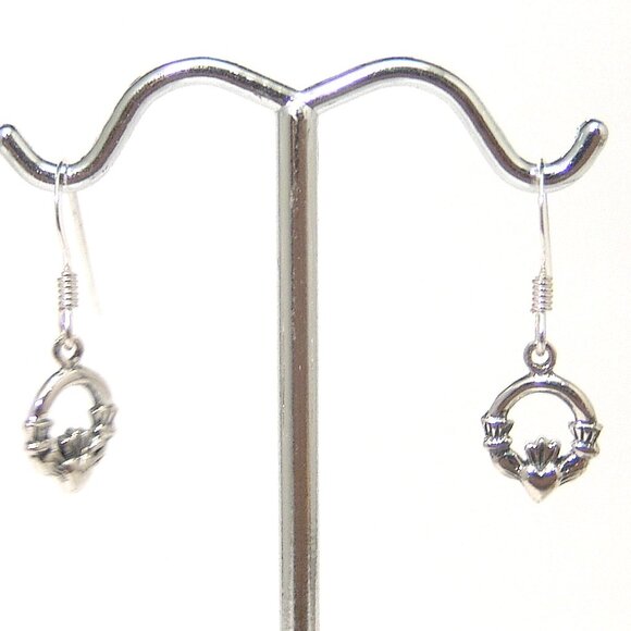 Sterling Silver Irish Claddagh Earrings French Wires Hand Polished - Picture 4 of 6